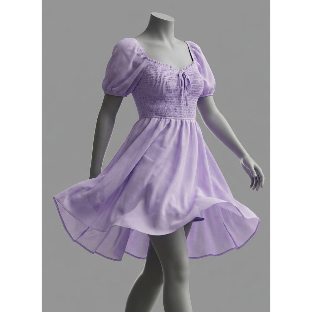 Plus Size Lavender Purple Smocked Bodice Puff Sleeves Tie Front Skater Dress XXL